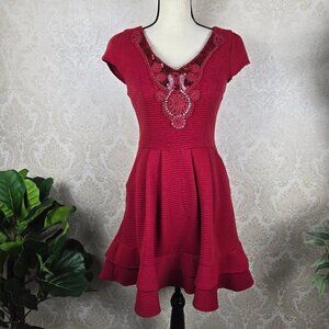 Buttons Size S Red Fit & Flare Dress Sequins Embroidery Textured Cap Sleeve NWT
